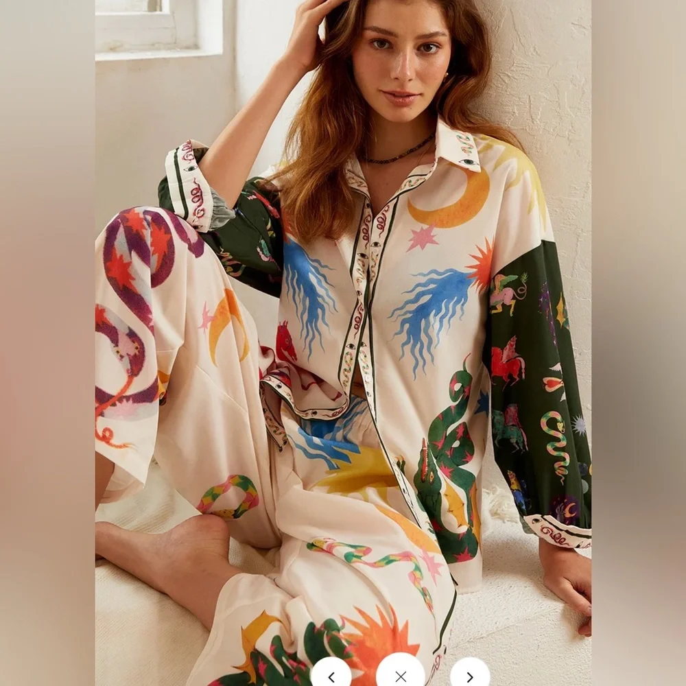 Commense Celestial Zodiac Print Two Piece Set Shirt & Wide Leg Pants XS - Picture 4 of 13